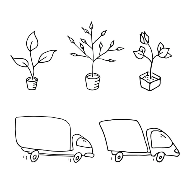 Автомобілі Доставляють Саджанці Розсаду Клієнтам Відповідно Замовлень Вирощування Саду — стоковий вектор