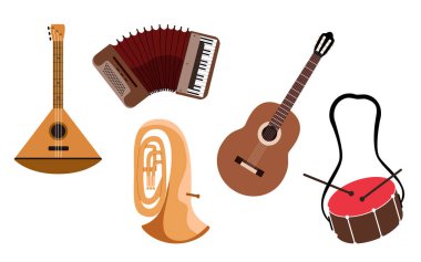 Müzik aleti hazır. İzole müzik aletleri - tuba, gitar, balalayka, akordeon ve davul. Modern el çizimi çizimi. Clip sanatı ögeleri.