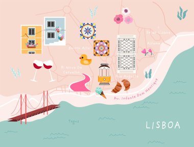 Modern resimli Lizbon şehir haritası. Lizbon 'un sokak isimleri, popüler mekanlar ve benzeri şeylerin olduğu el yapımı moda bir haritası. Portekiz harita posteri. Web ve yazdırma için çağdaş harita tasarımı. 