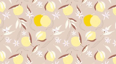 Sarı limon desenli. Bej rengi dallar, çiçekler ve limonlar. Moda el çizimleri çizimleri. Sağlıklı doğal yiyecekler, web, uygulama, tekstil, duvar kâğıdı, kırtasiye malzemeleri için sulu yaz meyveleri.. 