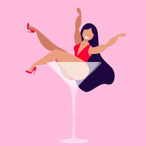 Vrouw in een martini glas geïsoleerde illustratie. Mooie brunette in rood bodysuit en hoge hakken zittend in een glas martini. Gelukkig vrouwelijk karakter. Trendy vector ontwerp. poster in Retro-stijl. — Stockvector