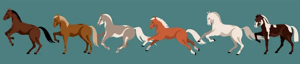 Löpande hästar isolerade vektorelement. Hästraser. Mängd vackra husdjur och poser. Moderna handritade hästar. Isolerade element på en mörk bakgrund. — Stock vektor