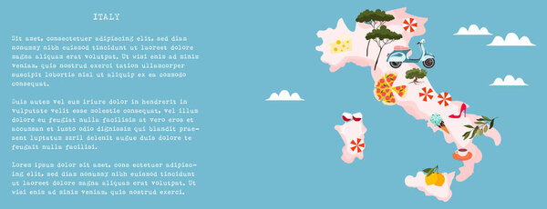 Italy illustrated map. Modern hand-drawn vector banner. Italian land top view. Map of Italian food and culture. Exploring Italy concept. Creative poster, card and web design. Pizza, wine, fashion shoe