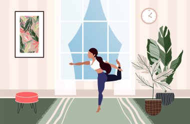 Kız evde egzersiz yapıyor. Yoga yapan bir kadın. Oturma odasında yoga yapan bir kadının modern çizimi. Güzel çağdaş iç tasarım. Konforlu yaşam ve kendini izole etme kavramı. Karantina.