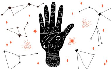 Palmistry and hieromancy. Hand lines and their meanings. Moon phases. Crystals in variety of shapes. Magical hand drawn vector illustration for web and print design. Trendy colourful palmistry hand. clipart