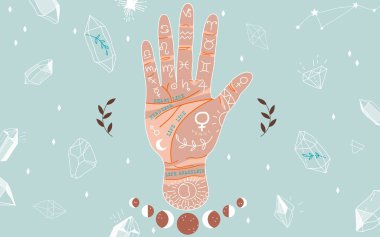 Palmistry and hieromancy. Hand lines and their meanings. Moon phases. Crystals in variety of shapes. Magical hand drawn vector illustration for web and print design. Trendy colourful palmistry hand. clipart