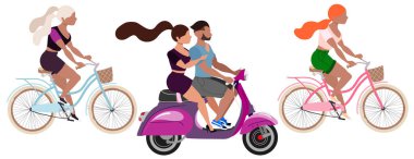 Mobiletlere ve bisikletlere binen insanlar. Bisikletli sevimli genç vektör karakterler. İzole çizim seti. Modern seyahat konsepti. 