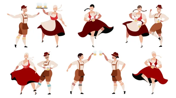 Oktoberfest en Alemania. Conjunto de carácter infográfico de moda aislado en blanco. Concepto del festival de la cerveza. Tradicional Oktoberfest trajes. Gente bebiendo cerveza y divirtiéndose. Diseño vectorial moderno para uso web . — Archivo Imágenes Vectoriales