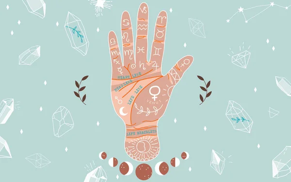 Palmistry a hieromancie. Čáry rukou a jejich význam. Fáze měsíce. Krystaly v různých tvarech. Kouzelná ručně kreslená vektorová ilustrace pro web a design tisku. Módní barevné dlaně. — Stockový vektor