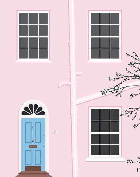 粉红房子的正面。主楼入口现代户外设计。伦敦风格的地产。带有浅蓝色门的桃色房子的流行手绘向量图。侧边的树枝. 免版税图库插图