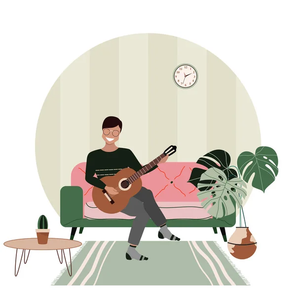 年轻人在家里弹吉他。私人吉他课。男人坐在沙发上。手绘矢量插图，描述一个学习弹吉他的男性角色。在线吉他课程。现代内陆. 图库插图