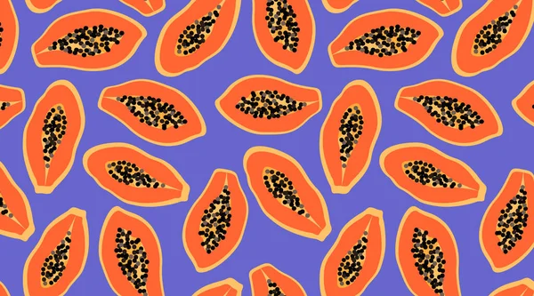 紫色背景的橙色木瓜图案。异国情调的夏季水果无缝网页和印刷品设计.趋势矢量图解模式。夏威夷水果. 免版税图库矢量图片
