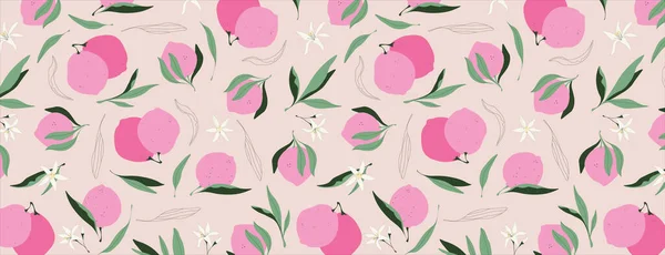粉红色柠檬图案。用于网页和印刷品的柠檬图案设计。生动的手绘插图。粉红色水果、叶子和花朵. 免版税图库矢量图片