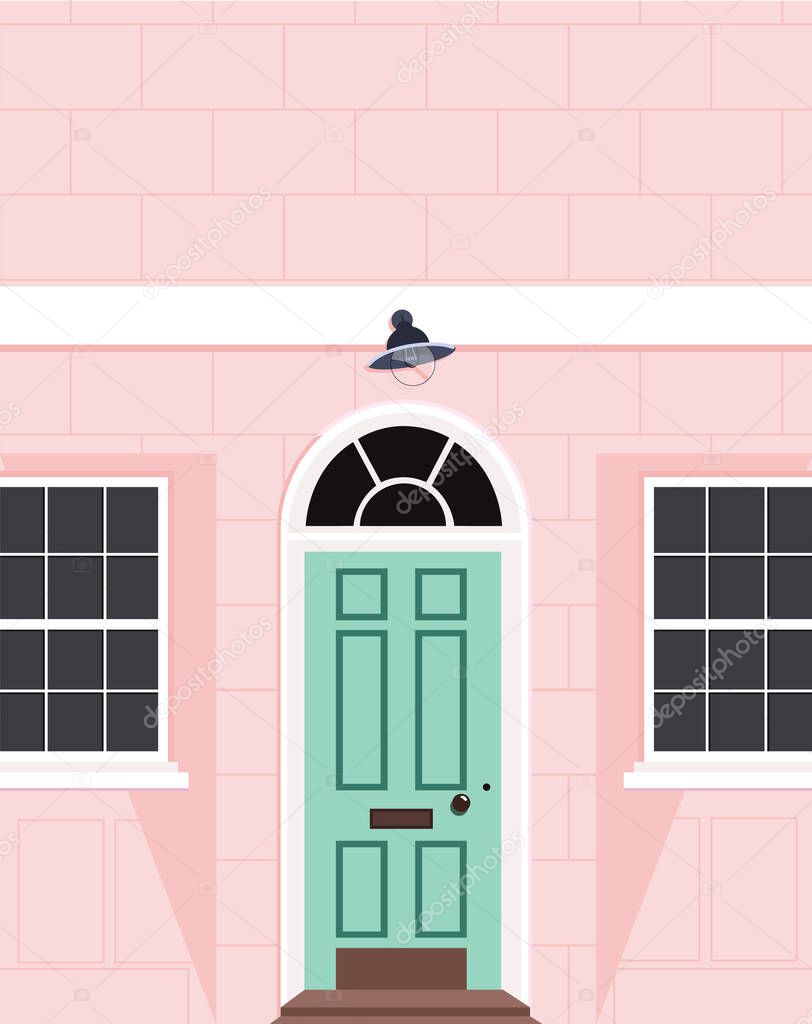Beautiful peach house facade. Modern outdoor design. London style property. Trendy hand drawn vector illustration of a peach colour house with a light green door. House wall, door and two windows.