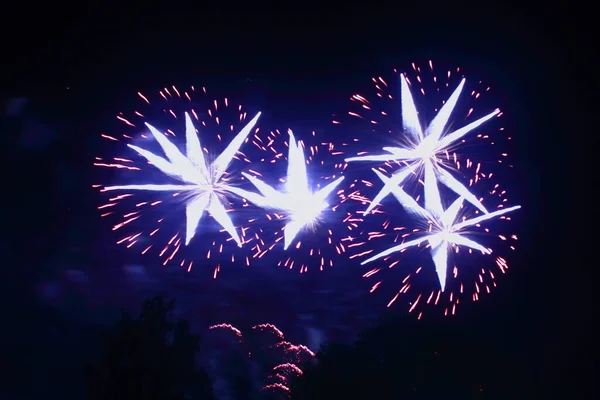 Prachtige Viering Vuurwerk Aan Nachtelijke Hemel Paarse Vonken Blauwe Ballen — Stockfoto