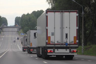 Birçok beyaz kamyonet konvoyu, yaz günü, arka plan, ulaşım lojistiği, karayolu ile uluslararası ticari taşımacılık, orman arka planında asfaltlanmış iki şeritli köy yolunun yanında yol alır.
