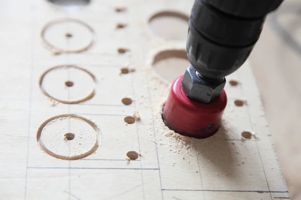 Plywood Markings Drill Circular Crown Drill Bit Close Drilling Large — Stock Photo, Image