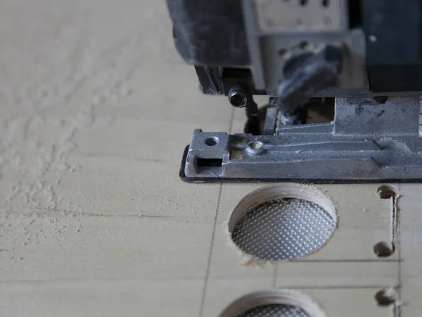 Plywood Markings Electric Jigsaw Small Saw Bit Sawing Large Diameter — Stock Photo, Image