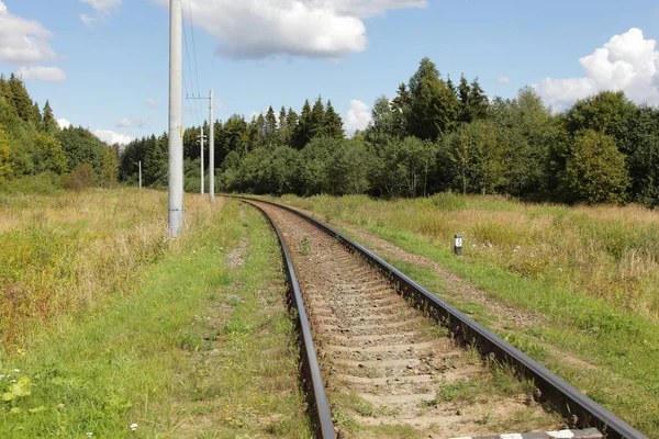 Eski Rus 1524 Tek Raylı Tren Yolu Yeşil Ormanın Mavi — Stok fotoğraf