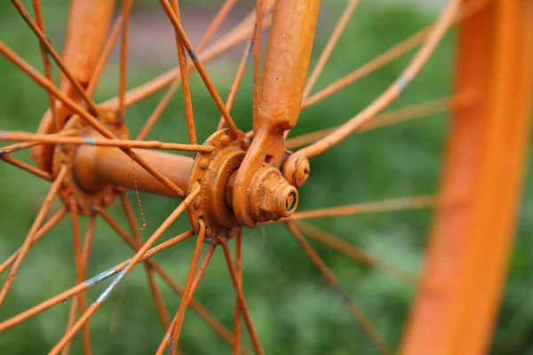 Élénk Narancs Régi Kerékpár Első Kerék Alkatrész Közelről Elmosódott Zöld — Stock Fotó