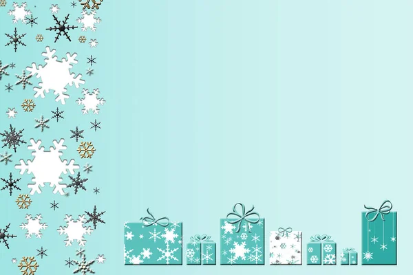 Sfondo di Natale con scatole di regali e scintillanti fiocchi di neve d'argento. — Foto Stock