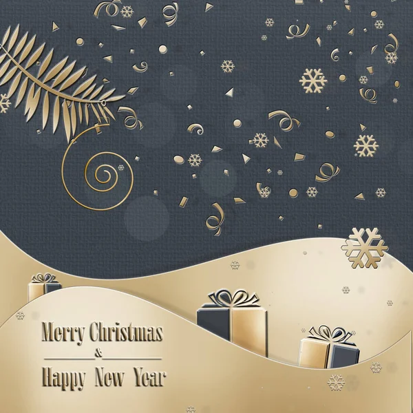 Christmas card with gold confetti and gift boxes — Stock Photo, Image
