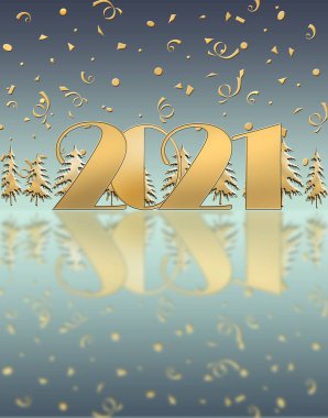 Lüks bir 2021 tebrik kartı. 2021 'de konfetiyle altın gibi parlak bir parıltı, koyu mavi arka planda Noel ağaçları. Model, fotokopi, poster, şirket kartviziti. 3B illüstrasyon