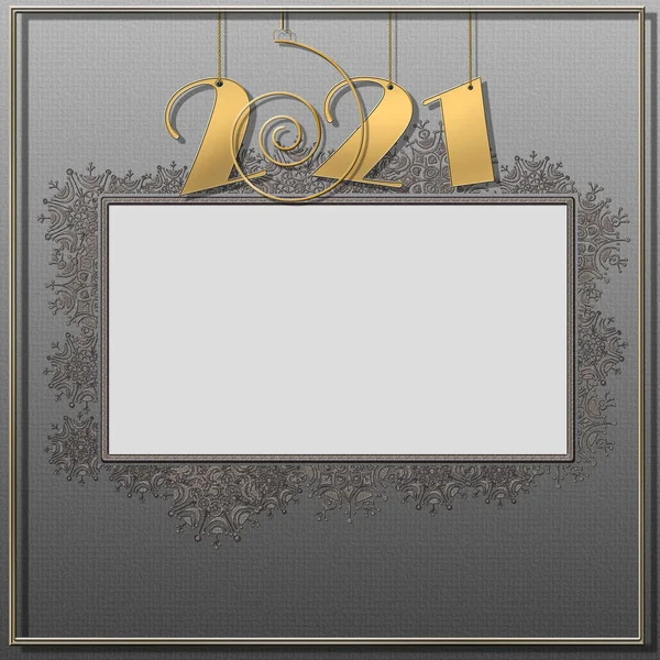 2021 happy New Year card. Glowing hanging gold number 2021, snowflake border frame on grey pastel backgroun. Mock up. Copy space. Business card. 3D illustration