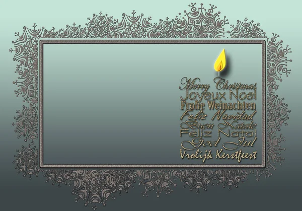 Merry Christmas wishes translation. International Christmas wishes in multiple languages English, French, German, Portuguese, Italian, Spanish, Swedish, Dutch. With snowflake border, 3D illustration