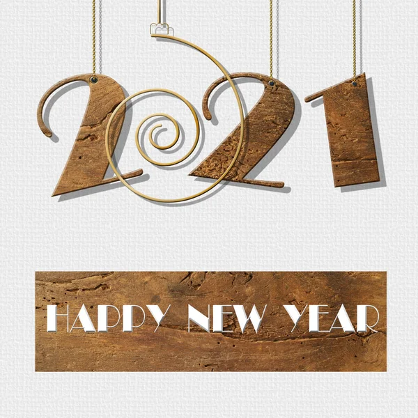 2021 Happy New Year Card Antique Wood Hanging Number 2021 — Stock Photo, Image