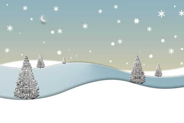 크리스마스 시골의 추상적 풍경과 크리스마스 전나무 그리고 파스텔그린 배경의 눈송이 — 스톡 사진