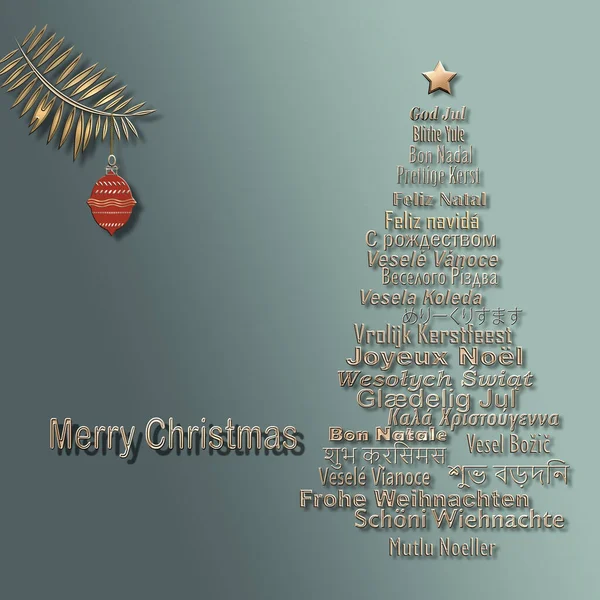 Grußkarte mit mehrsprachigen Worten "Frohe Weihnachten" in Form eines Tannenbaums und hängender roter Kugel auf pastellgrünem Hintergrund. 3D-Illustration — Stockfoto