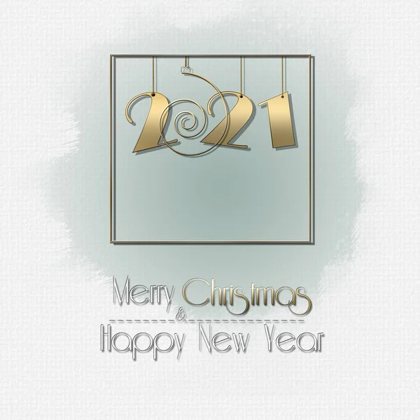 Luxury minimalist Happy New 2021 Year design with hanging gold 2021 digit on white background and text Merry Christmas Happy New Year. Mock up, Copy space, greeting card. 3D illustration