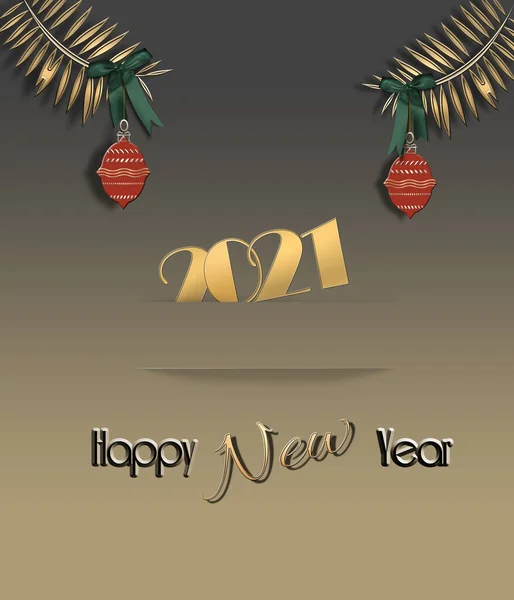 紙のストライプで金光沢のあるテキスト2021と金の色でエレガントな2021年の新年カード 赤いボールとテキストハッピーニューイヤーとモミの枝 3Dイラスト — ストック写真