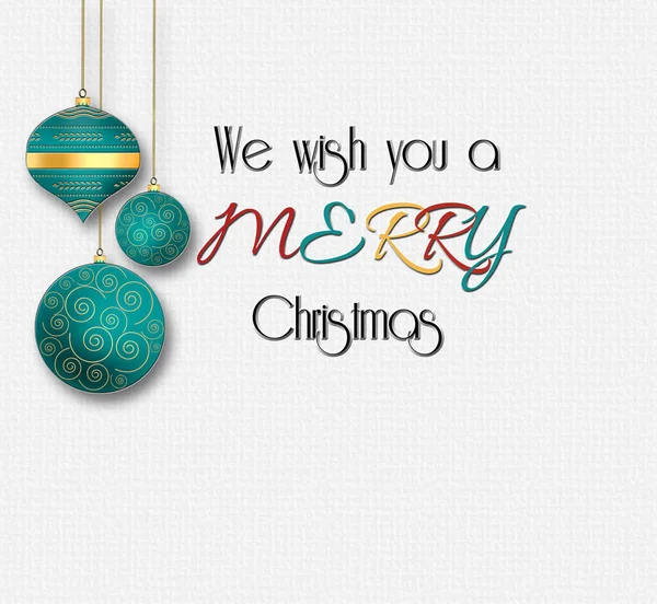 Minimalist Christmas wishes card with text We Wish You a Merry Christmas with hanging turquoise blue balls on white background and gold frames. 3D illustration