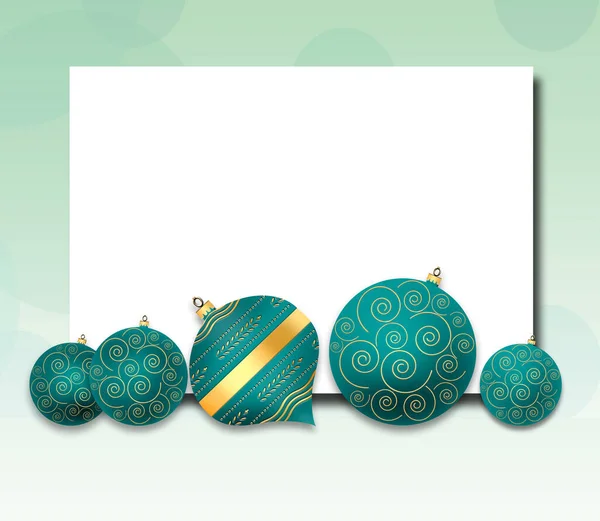 雅致的圣诞背景 蓝绿色的蓝球 绿色的背景上有金色的装饰品 复制空间 放置文字 3D插图 — 图库照片