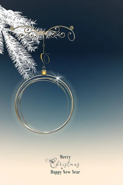 青い背景にモミのブランチとゴールド光沢のあるクリスマスボール テキストメリークリスマスあけましておめでとうございます 3Dイラスト — ストック写真