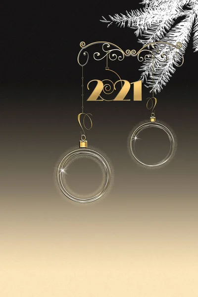 Zarif minimalist 2021 Yeni Yıl, Noel geçmişi. Köknar brunch 'lı altın Noel topları, 2021 rakamını konfetili siyah arka plana asmak. 3B illüstrasyon