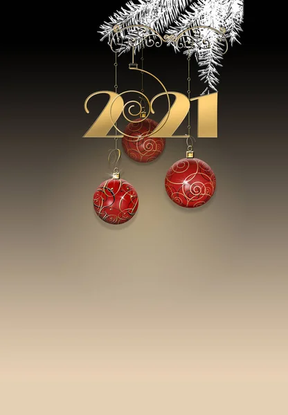 奢华典雅的圣诞佳节装饰品 镶嵌着红色的金光闪闪 2021年挂在黑色的金色背景上 垂直2021年新年贺卡 放置文本 复制空间 模拟3D说明 — 图库照片