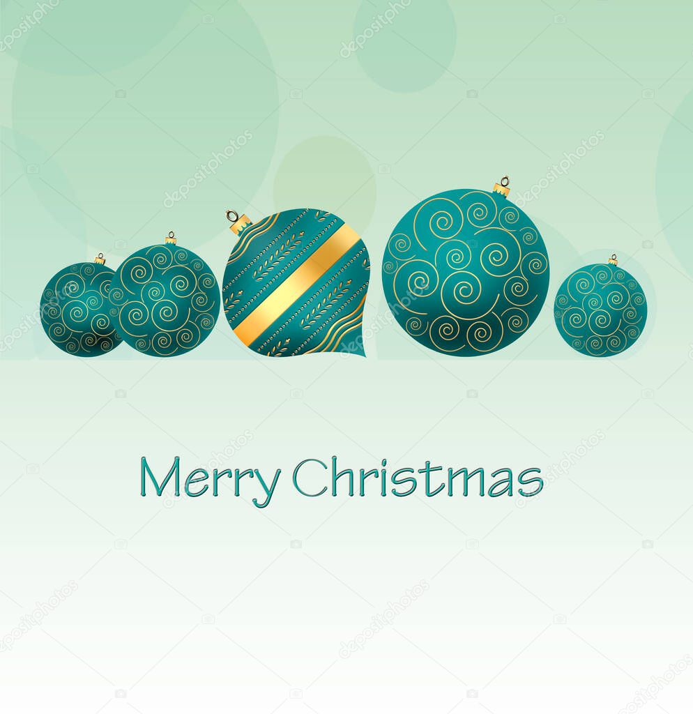 Christmas background with turquoise blue balls with gold ornament on pastel green background. Copy space, 3D illustration