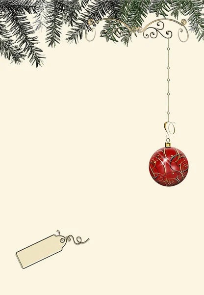 Minimalist zarif yılbaşı kartı, kırmızı takı, altın madalya, etiket ve Xmas köknar dalları. 3B illüstrasyon