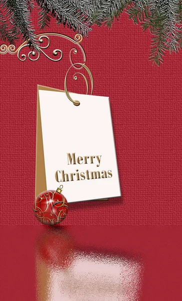 最简约的圣诞设计 挂着圣诞礼物标签 冷杉枝条 红色背景的红色铝箔 短信圣诞快乐 放好文字 模仿一下 3D插图 — 图库照片