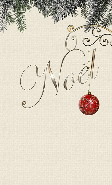 Elegante Fondo Navideño Con Texto Francés Bola Noel Oro Rojo — Foto de Stock