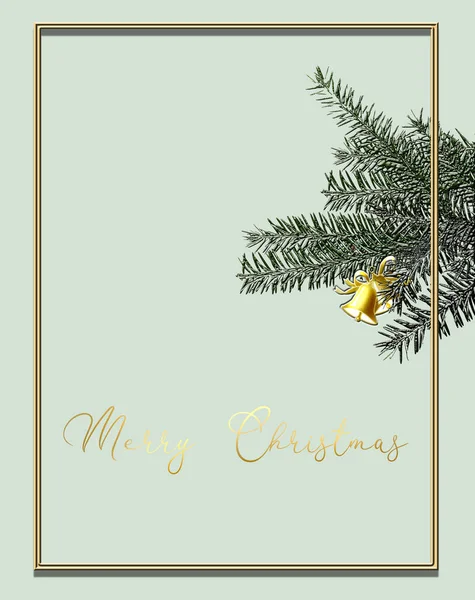 Minimalist Christmas Design Gold Bell Fir Branches Pastel Green Background — Stock Photo, Image
