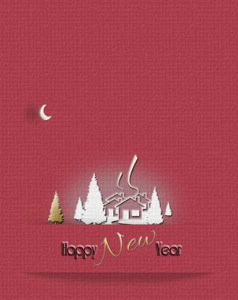 2021 New Year Card Winter Rural Village Landscape Vintage Red — Stock Photo, Image