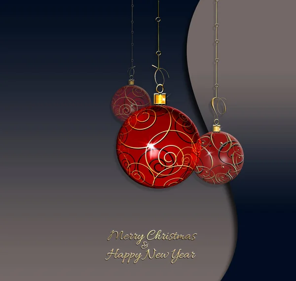 濃い青の背景に異なる金の装飾が施された赤いクリスマスボールの泡 テキストメリークリスマスあけましておめでとうございます 3Dレンダリング — ストック写真