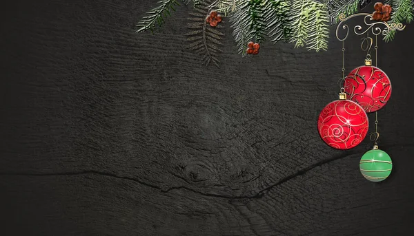 크리스마스 배경에 전나무와 장식들이 어두운 나무판이 문자보내기 흉내내기 수평으로요 — 스톡 사진