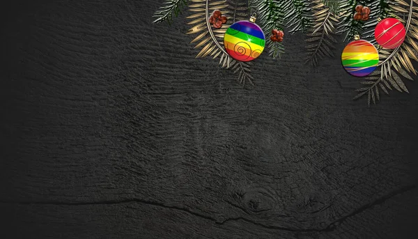 Yılbaşı LGBT bayrak topları siyah ahşap arka planda