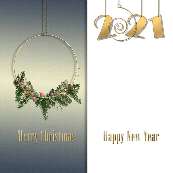 节日贺卡 2021年圣诞节 灯火通明 2021年挂黄金数字 祝您圣诞快乐新年快乐 文字的位置 3D插图 — 图库照片