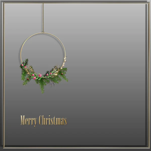 エレガントなお祝いの挨拶カード クリスマスの花輪 金のテキストパステルの背景にメリークリスマス モックアップ テキストのための場所 3Dイラスト — ストック写真